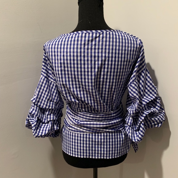 Fashion Nova V-neck Wrap Top Blue and White Gingham Print Medium - Picture 3 of 6